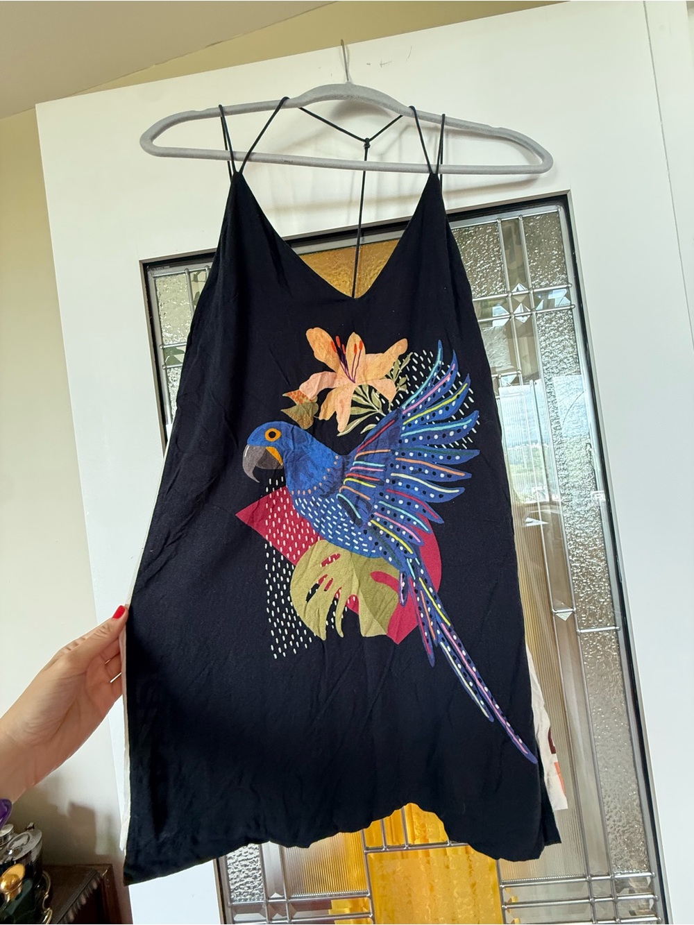 FARM Rio Black Mini Dress with Colorful Parrot Print